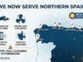 BEVALDIA service expansion map of Northern Spain showing available underwater inspections, propeller polishing, sea chest cleaning, and rudder cleaning in Vigo, Bilbao, Gijón, and other ports